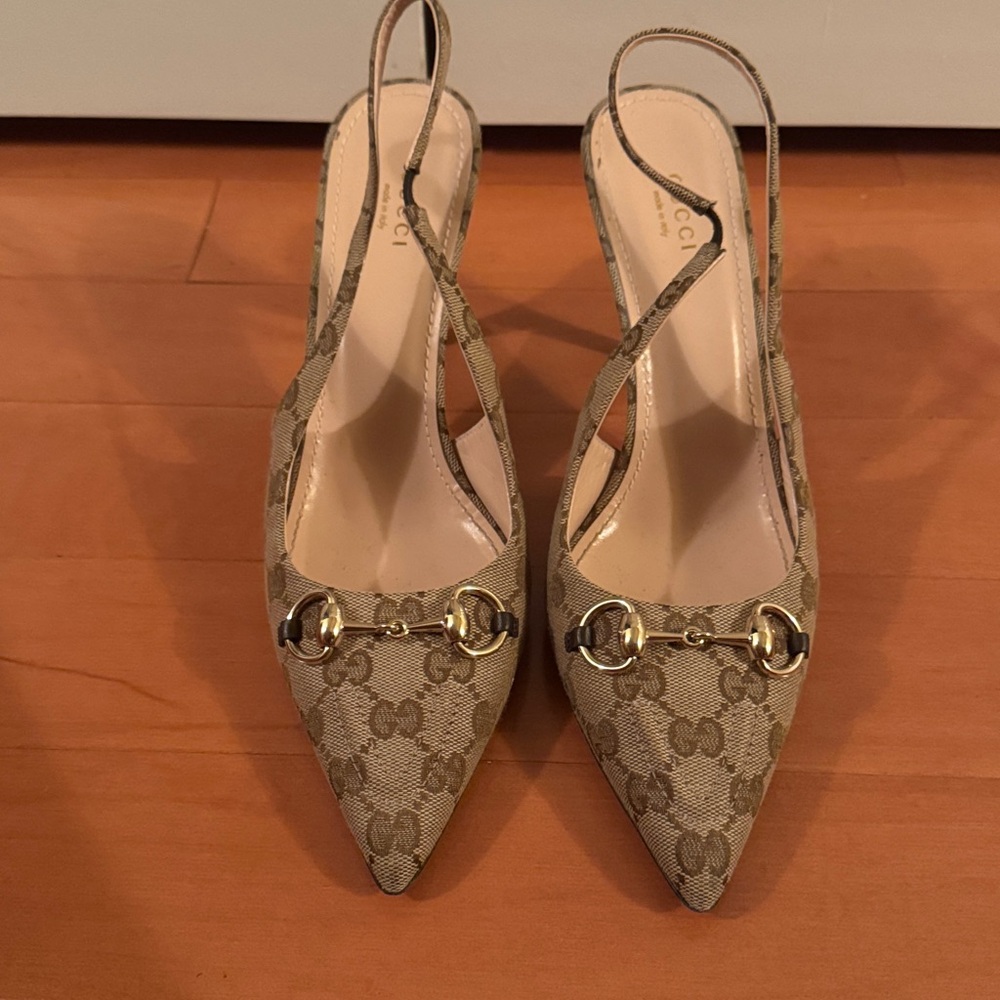 Gucci Beige Monogram Slingback Heels